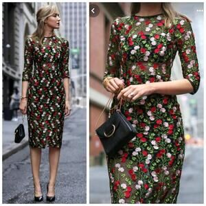 Alexis Floral Miller Sheath Midi Dress Black Red Embroidered Cocktail Small